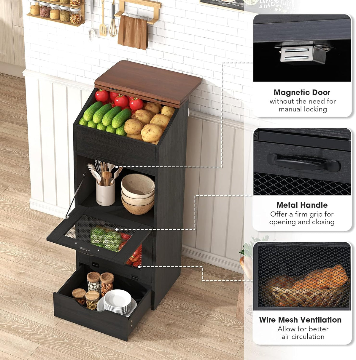 Patiorama Wood Potato and Onion Storage Bin Box with Lid, 4-Tier Farmhouse Wooden Bread Box Cabinet with 2 Mesh Doors & Rolling Drawer, Large Vegetable Storage Bin Organizer for Kitchen Pantry Black