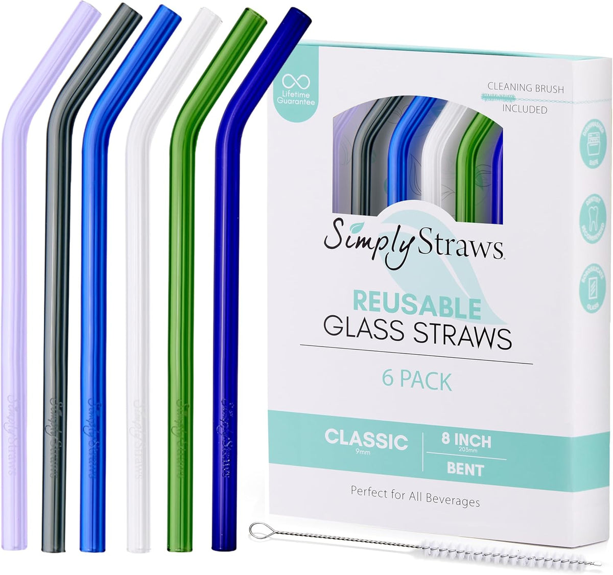 Simply Straws 8 Inch Glass Straws Bent (6-Pack) – Reusable Glass Straws for Pints & Juice Drinkware, with Cleaning Brush – Dishwasher Safe, Hot & Cold Use, BPA-Free (Seaglass)