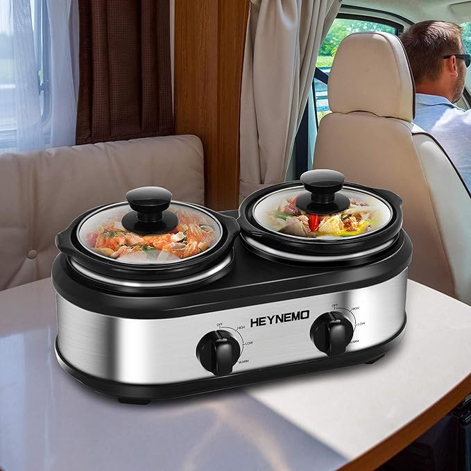 Double Slow Cooker, Buffet Servers and Warmers, Dual 2 Pot Slow Cooker Food Warmer, Adjustable Temp Dishwasher Safe Removable Ceramic Pot Glass Lid, 2 x 1.25 QT Portable Small Crock Cooker