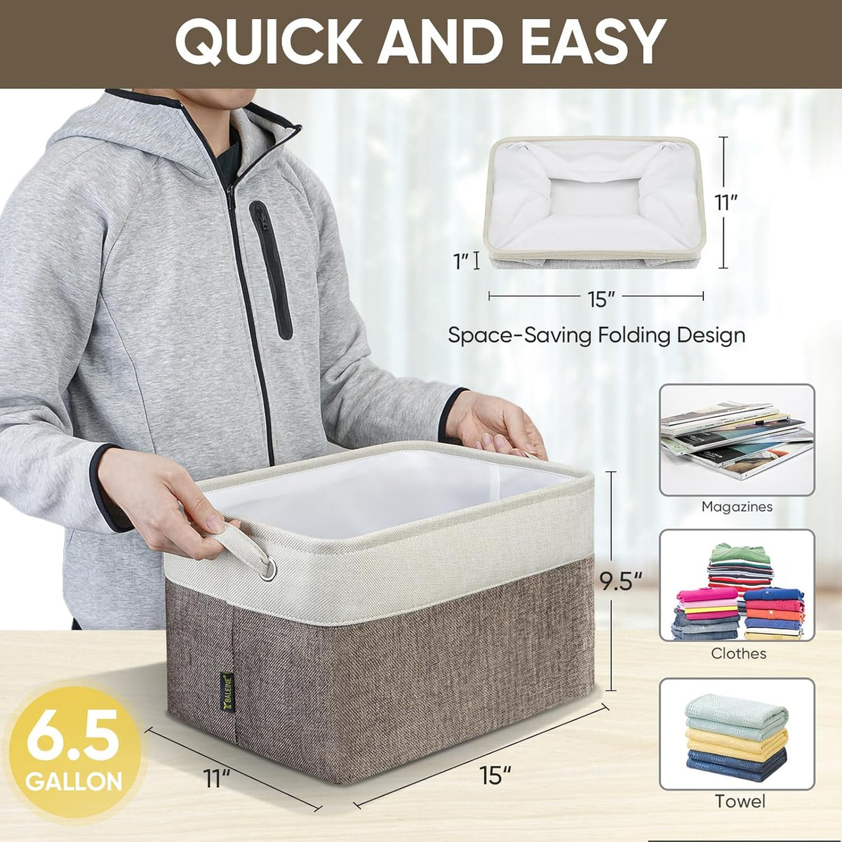 BALEINE 4 Pack Fabric Storage Bins for Shelves, Linen Storage Baskets for Organizing, Decorative Closet Bins for Clothes, Home (Brown, 15"x11"x9.5")