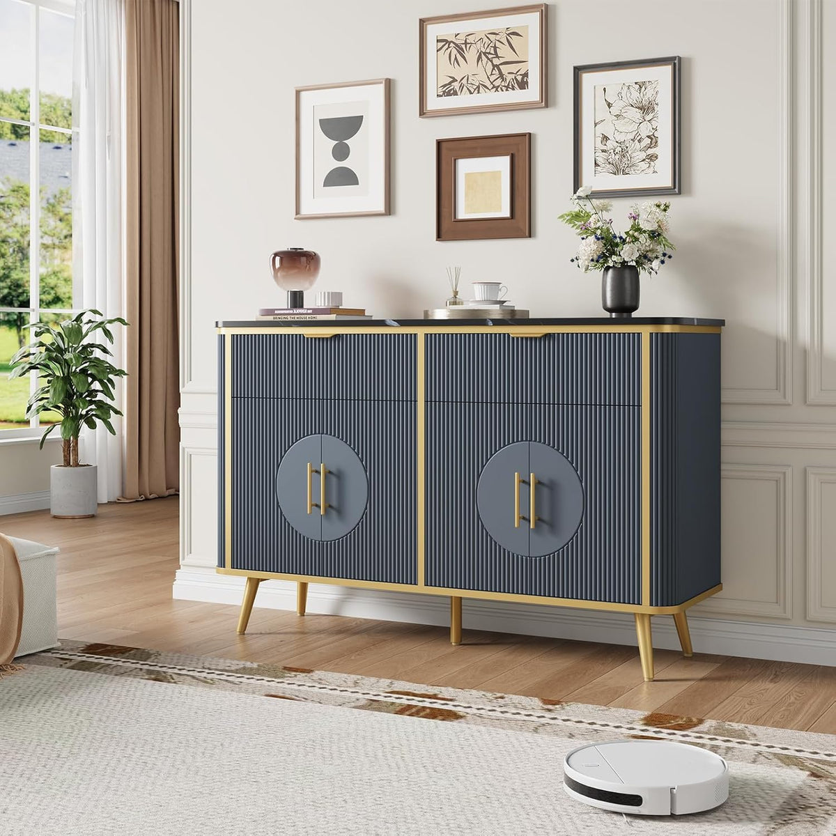 47.2" Buffet Storage Cabinet, Modern Fluted Coffee Bar Station with 2 Drawers & Adjustable Shelves, Kitchen Sideboard Buffet for Dining Room, Living Room, Hallway, Navy Blue