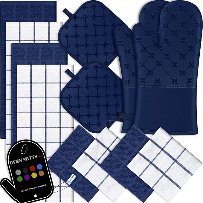 Oven Mitts Kitchen Towels Dishcloths with Pot Holders Sets 12PCS,Dish Towels Sets,Oven Gloves Pot Pads Heat Resistant 500 Degrees with Non-Slip Silicone Surface for Cooking Baking Grilling-Marine Blue
