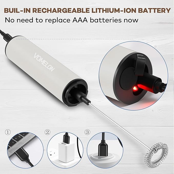 Milk Frother, Rechargeable Battery Operated Frother for Coffee,Portable Drink Mixer with 2 Stainless Steel Whisk Heads,Milk Foamer for Keto Coffee, Latte, Cappuccino, Hot Chocolate,White
