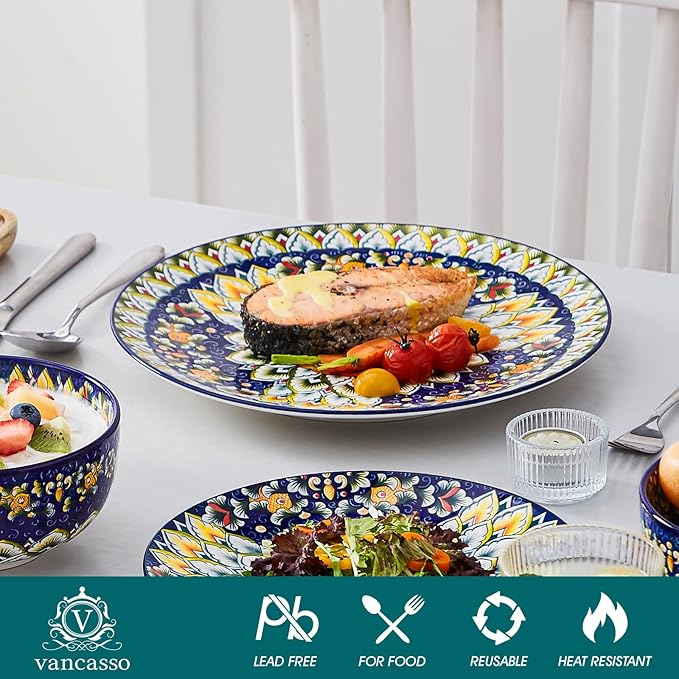 vancasso 12 Pieces Dinnerware Sets, Blue Plates and Bowls Set, Porcelain Dishes Set for 4, Microwave and Dishwasher Safe, Scratch Resistant, Bohemian Style Dining Ware Service for 4, Series SIMI