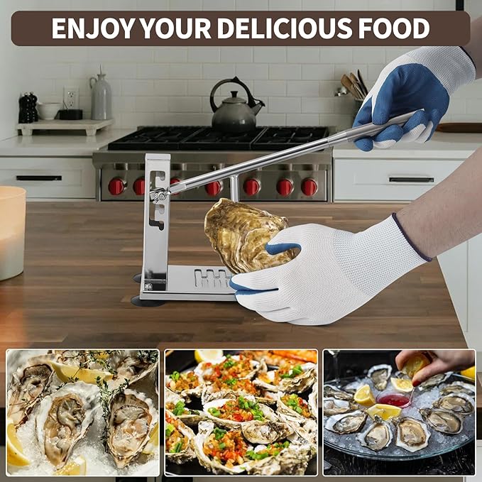 Oyster Clam Opener Machine Adjustable Oyster Shucker Machine 4-Level Tool Set, Portable Stainless Steel Clam Opener with Suction Cups, G-Clamp, Knives & Glove for Home Kitchen