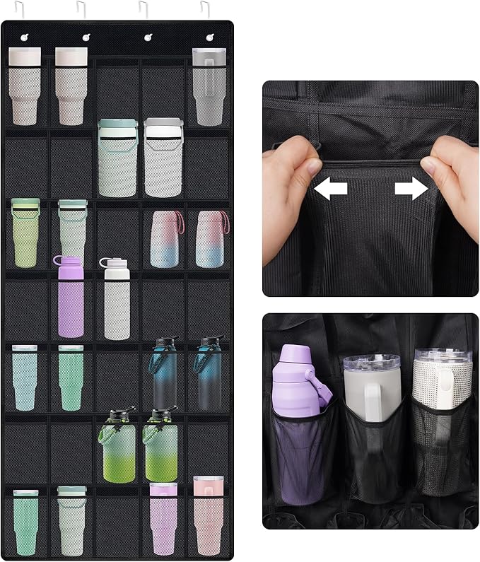 NiHome Multi-Functional 35 Pockets Door Hanging Organizer for Stanley Tumbler in Kitchen, Pantry, Bedroom, Bathroom, Large Capacity Elastic Mesh Secure Storage Cup Holder, Foldable for Home and RV Use