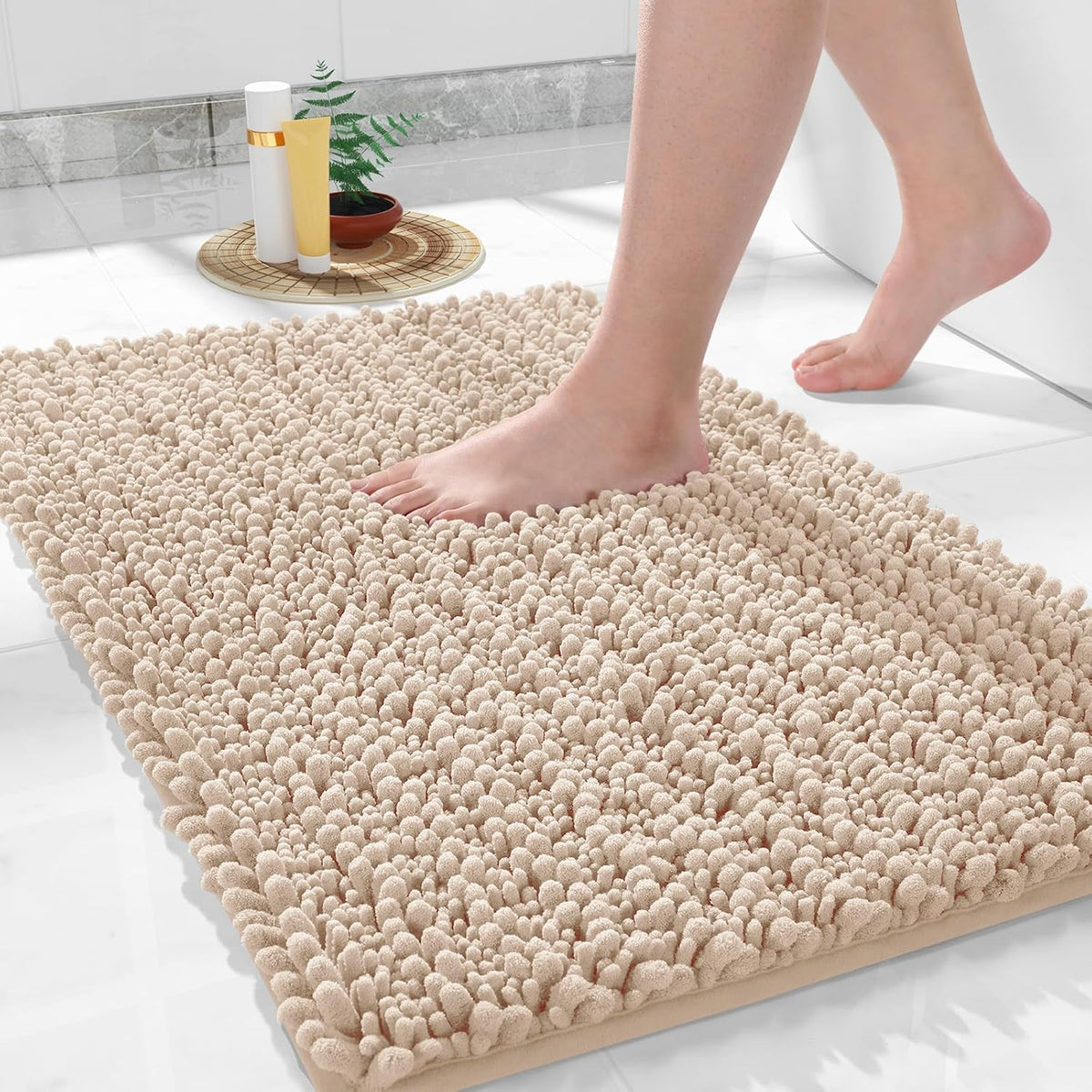 Yimobra Bathroom Rugs Non Slip Washable 32x20 Inch - Ultra Soft Absorbent Chenille Bath Mat, Quick Dry Shaggy Floor Carpet for Tub Shower, Light Brown Home Decor Accessories