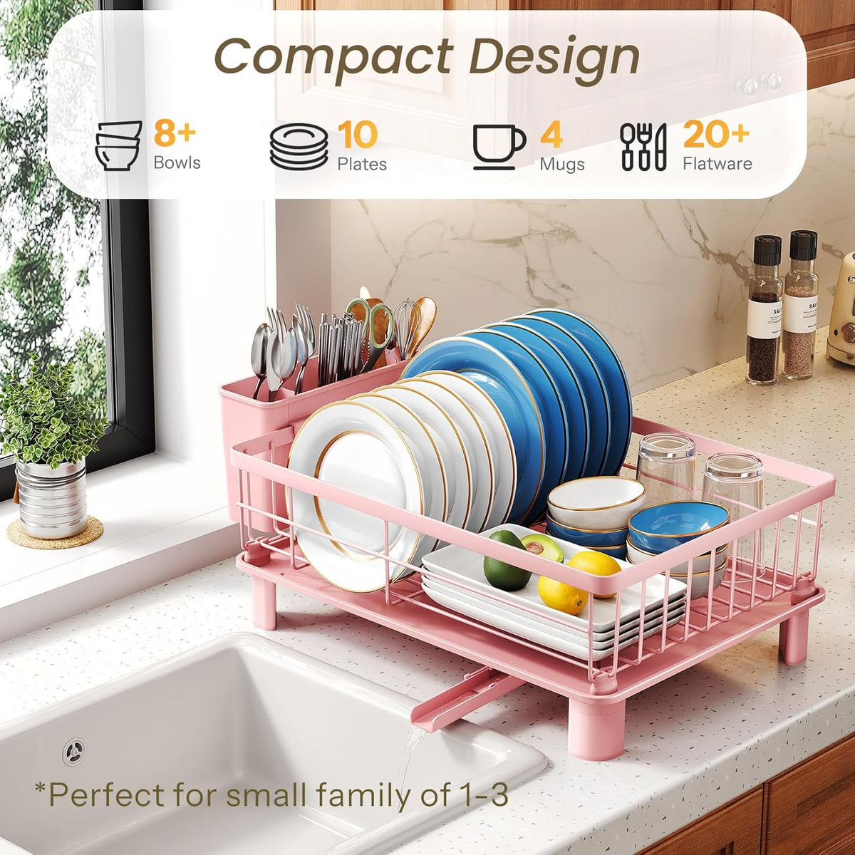 Dish Drying Rack - Small Dish Rack for Kitchen Counter, Stainless Steel Dish Drainer with Utensil Holder and Drainboard (Pink)