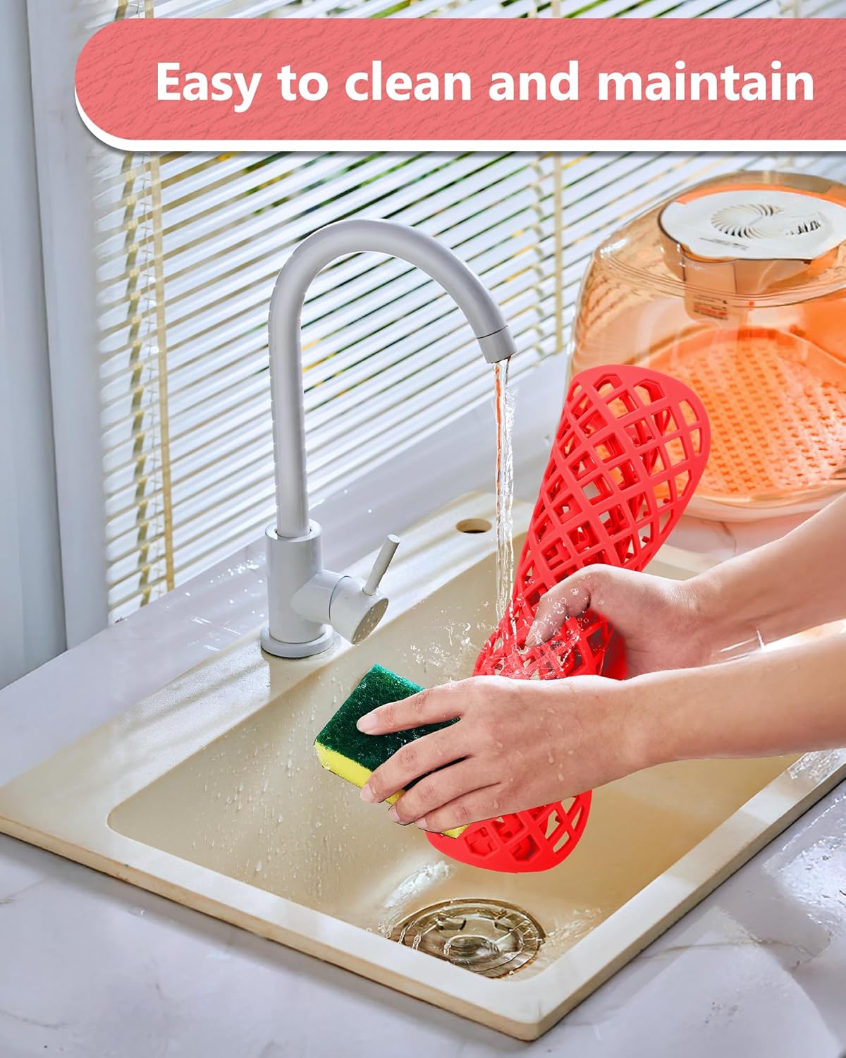 2 Pack Silicone Sink Protectors for Kitchen Sink, Lozenge Pattern 13 x 11 Inches Sink Mat, Non-Slip and Durable Sink Protector Silicone, Rear Drain, Red