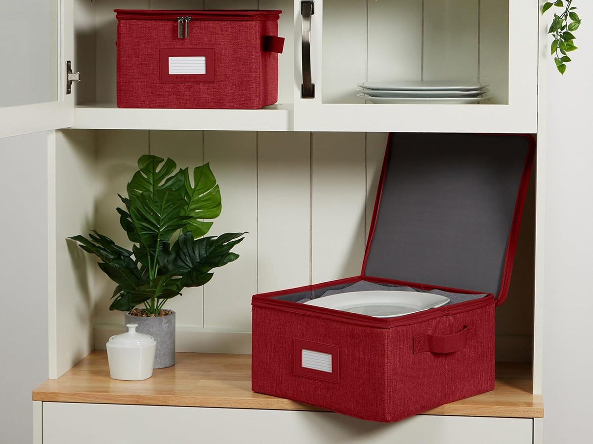 Covermates Keepsakes Dish Storage Box - Stackable, Reinforced Handles, China Storage, Red Heather