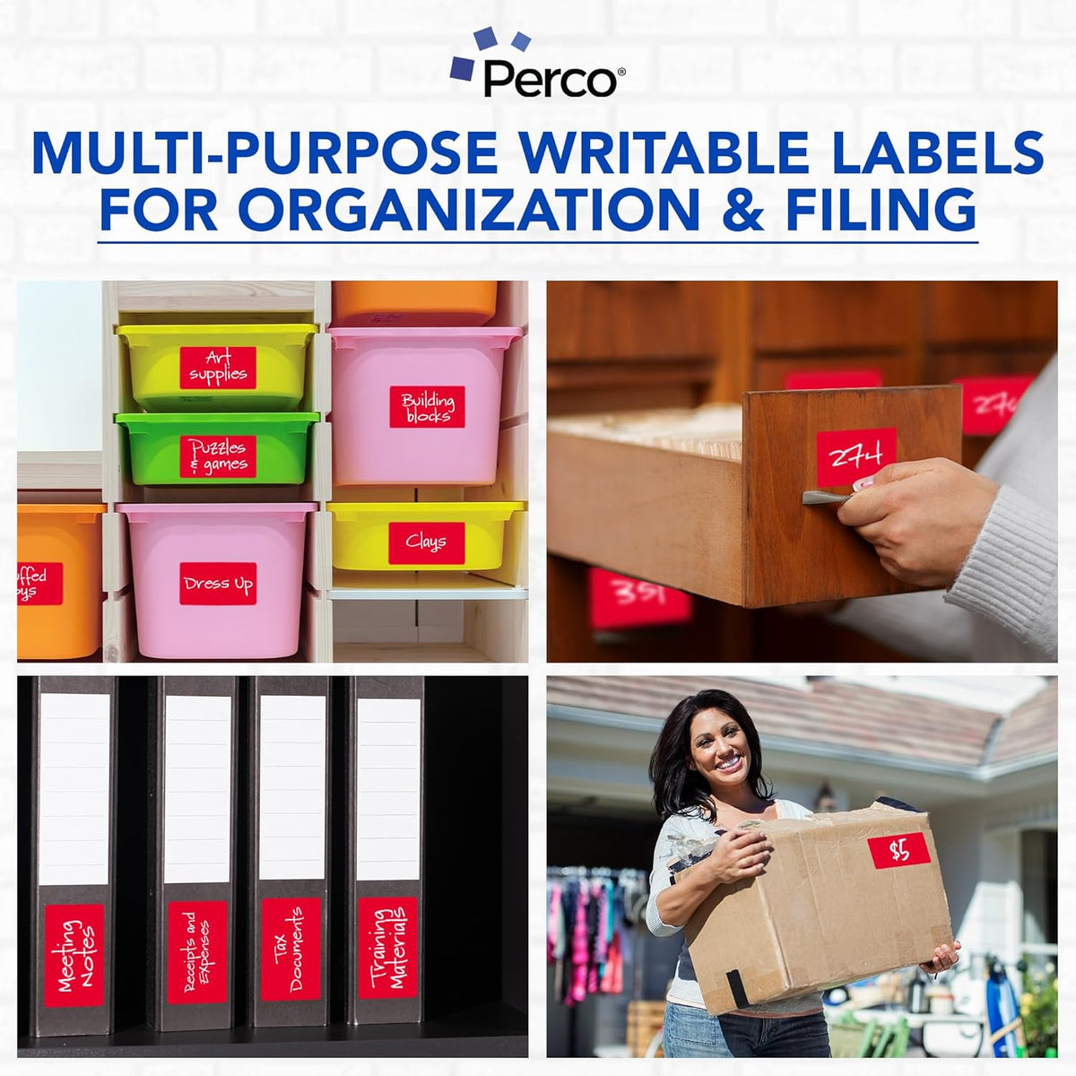 Perco Red Labels 3x5 Inch 500 Stickers/Roll with Easy Peel Perforation and Strong Adhesion for Inventory Management, Color Coding, Moving Boxes, Retail, Organizing & Crafts – Made in USA