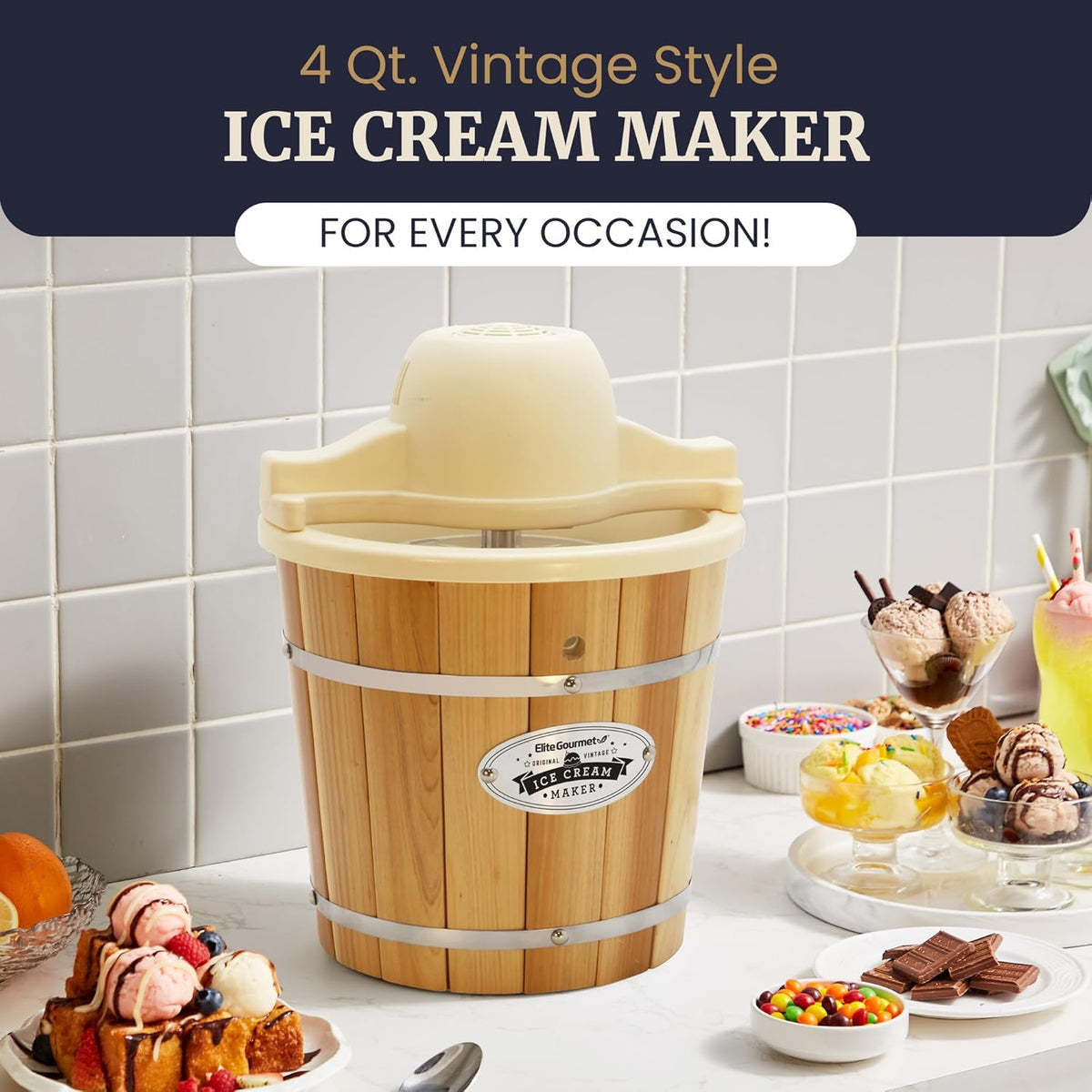 Elite Gourmet Maxi-Matic EIM-924L 4 quart Old Fashioned Electric Ice Cream Maker, Pine Bucket
