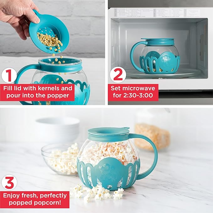 Ecolution Patented Micro-Pop Microwave Popcorn Popper with Temperature Safe Glass, 3-in-1 Lid Measures Kernels and Melts Butter, Made Without BPA, Dishwasher Safe, 1.5-Quart, Teal