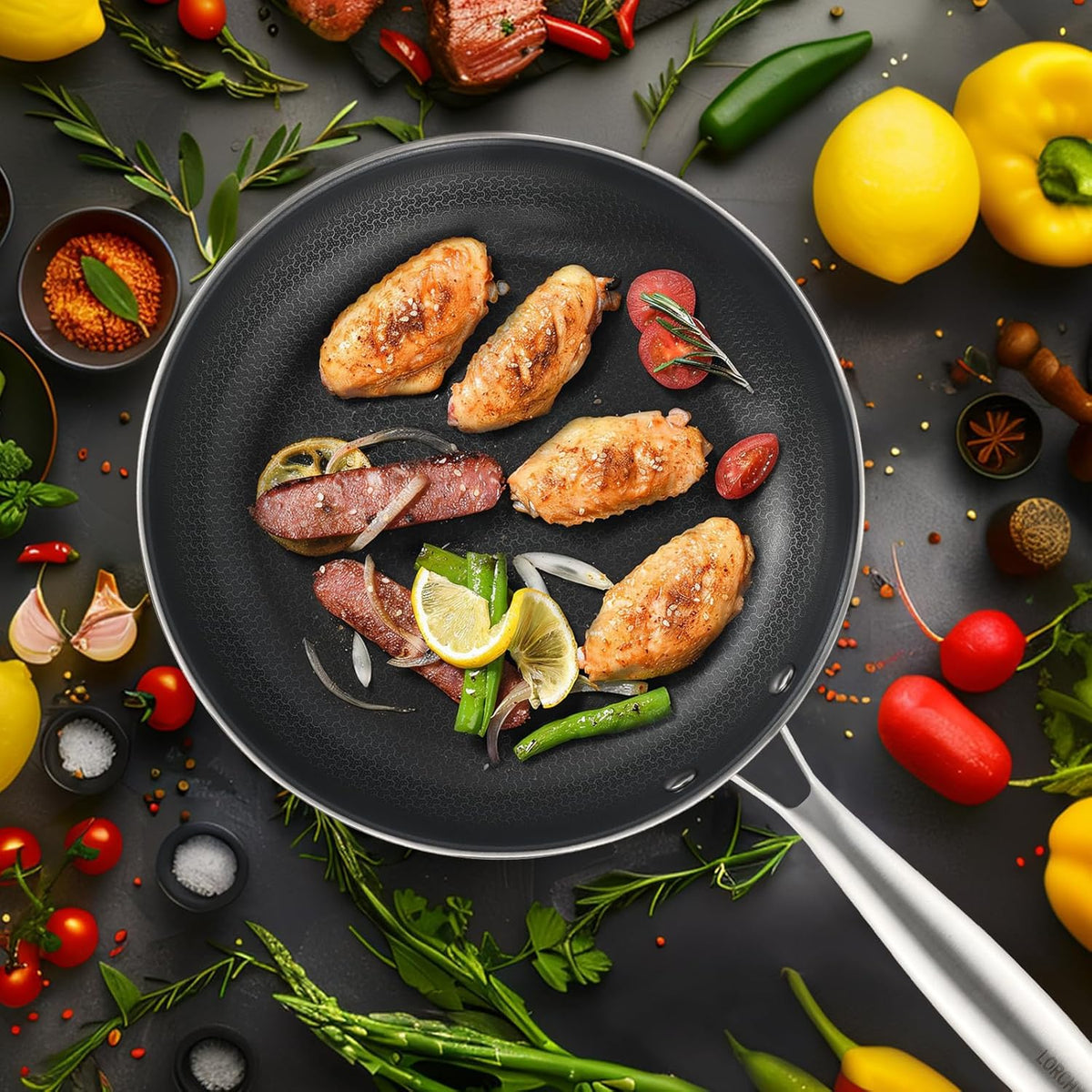 Stainless Steel Nonstick Frying Pan, Hybrid Ceramic 10-Inch Frying Pan, Stay-Cool Handle, PFAS & PFOA PTFE Free, Dishwasher & Oven Safe, Scratch-Resistant, Compatible with Induction & All Cooktops
