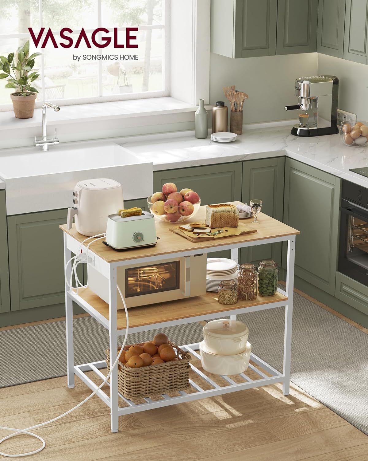 VASAGLE Kitchen Island with 3 Shelves, Kitchen Shelf with Power Strip, 23.6 x 39.4. x 34.9 Inches, Large Worktop, Steel Structure, Industrial, Easy to Assemble, Oak Color and White UKKI105Y01