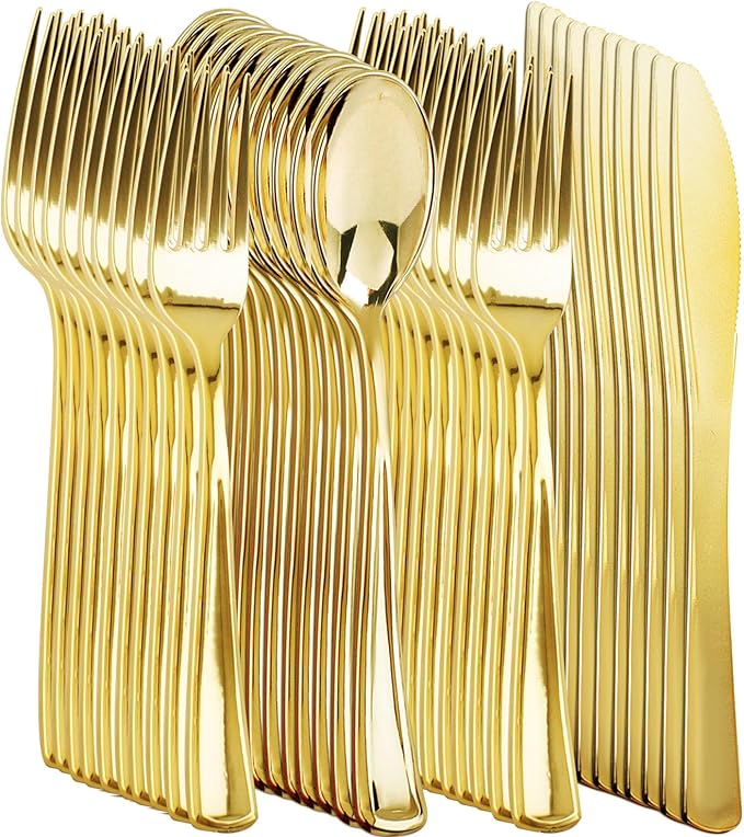NOCCUR 400PCS Gold Plastic Silverware - Gold Plastic Cutlery Include 200 Forks, 100 Spoons, 100 Knives, Disposable Silverware Perfect for Party&Daily Using