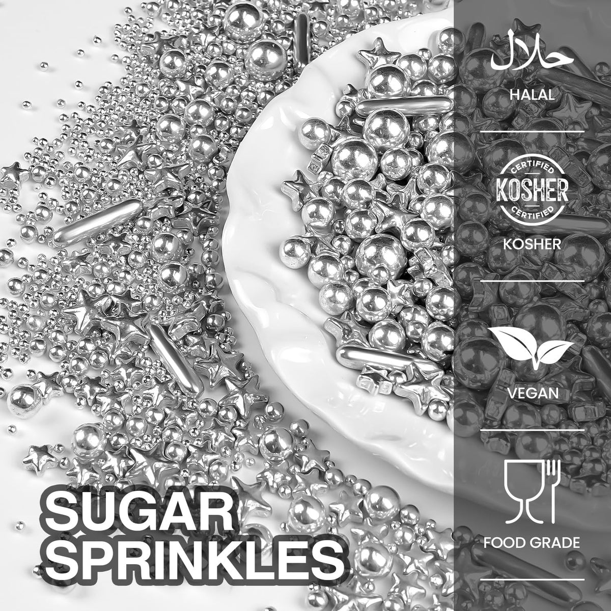 Silver Pearl Rods Star Sugar Sprinkles, Silver Sprinkles for Cake, Edible Pearls Baking Candy, 150g/5.29oz Mix Size, Cupcake Decoration, Wedding Party Supplies