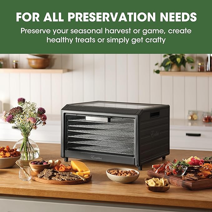 Excalibur Electric Food Dehydrator Performance Series 6-Tray with Adjustable Temperature Control Includes Stainless Steel Drying Trays Glass Door Top View Window and LED Display Progress Bar, Black
