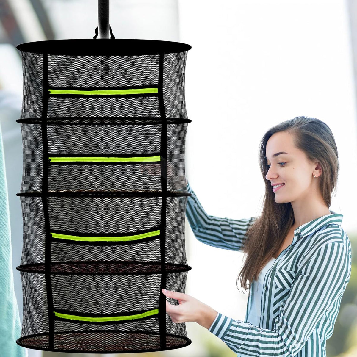 Herb Drying Rack with Mesh Design, Hanging Drying Rack with Green Zipper & Garden Pruning Shears – Versatile Plant Drying Solution (6 Layers)