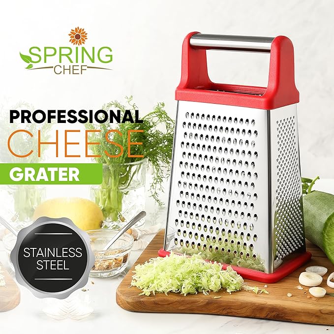Spring Chef Professional Cheese Grater - Stainless Steel 4 Sided Box Grater for Kitchen, XL Size - Perfect Shredder for Parmesan Cheese, Carrot, Potato, Ginger - Dishwasher Safe - Red