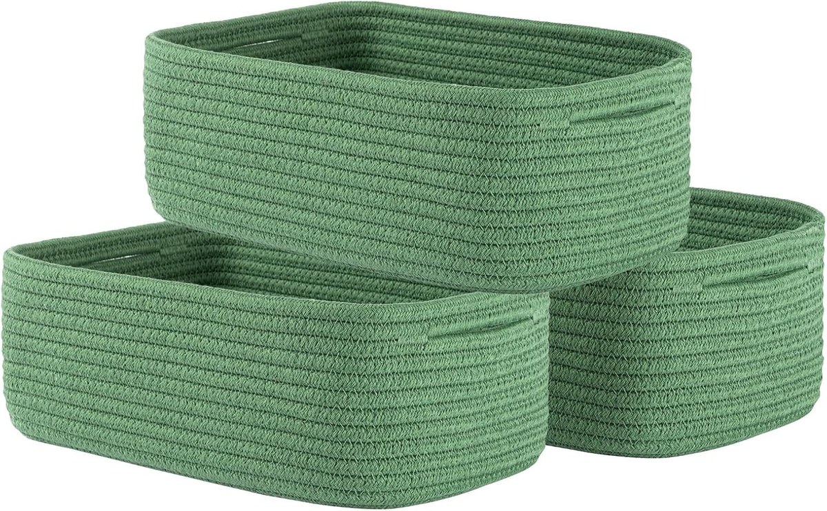 Small Woven Basket, 12 x 8 x 4.5 Inches, Storage Basket for Organizing, Cute Small Rope Shelf Closet Cube Storage Bins Baskets for Shelves, Dog Toy Gift Baskets Empty, 3 Packs, Green