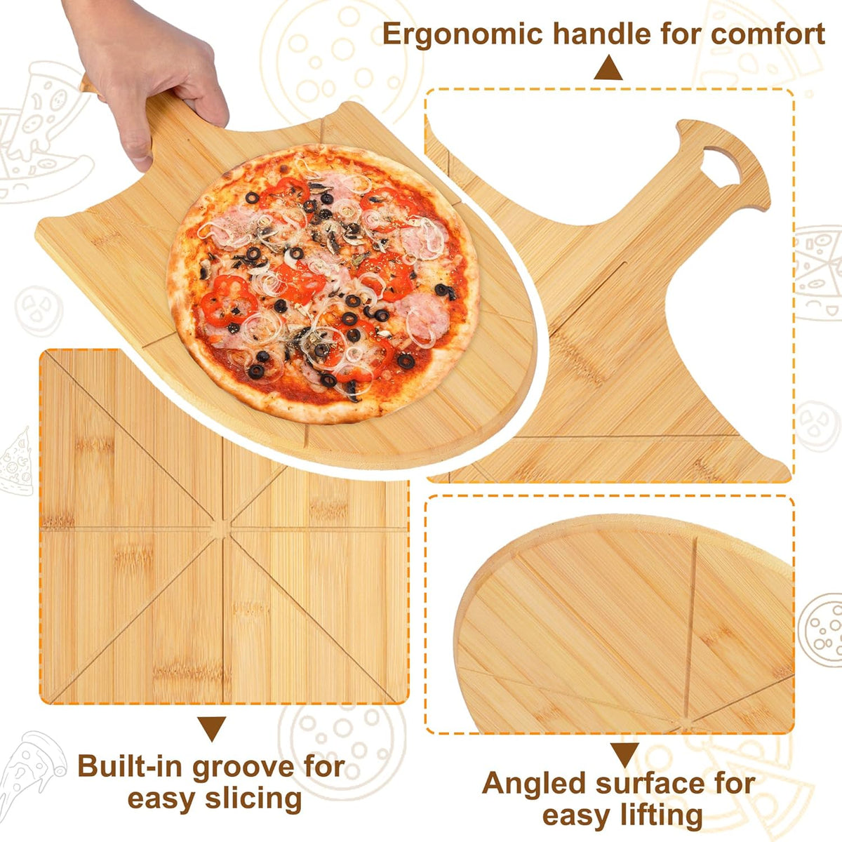 Pizza Peel Wooden, 4 Pack of 12 Inch Pizza Spatula Wood Non-Stick, Bamboo Pizza Paddle as Cutting Board with Cutting Grooves for Easy Pizza and Bread Making