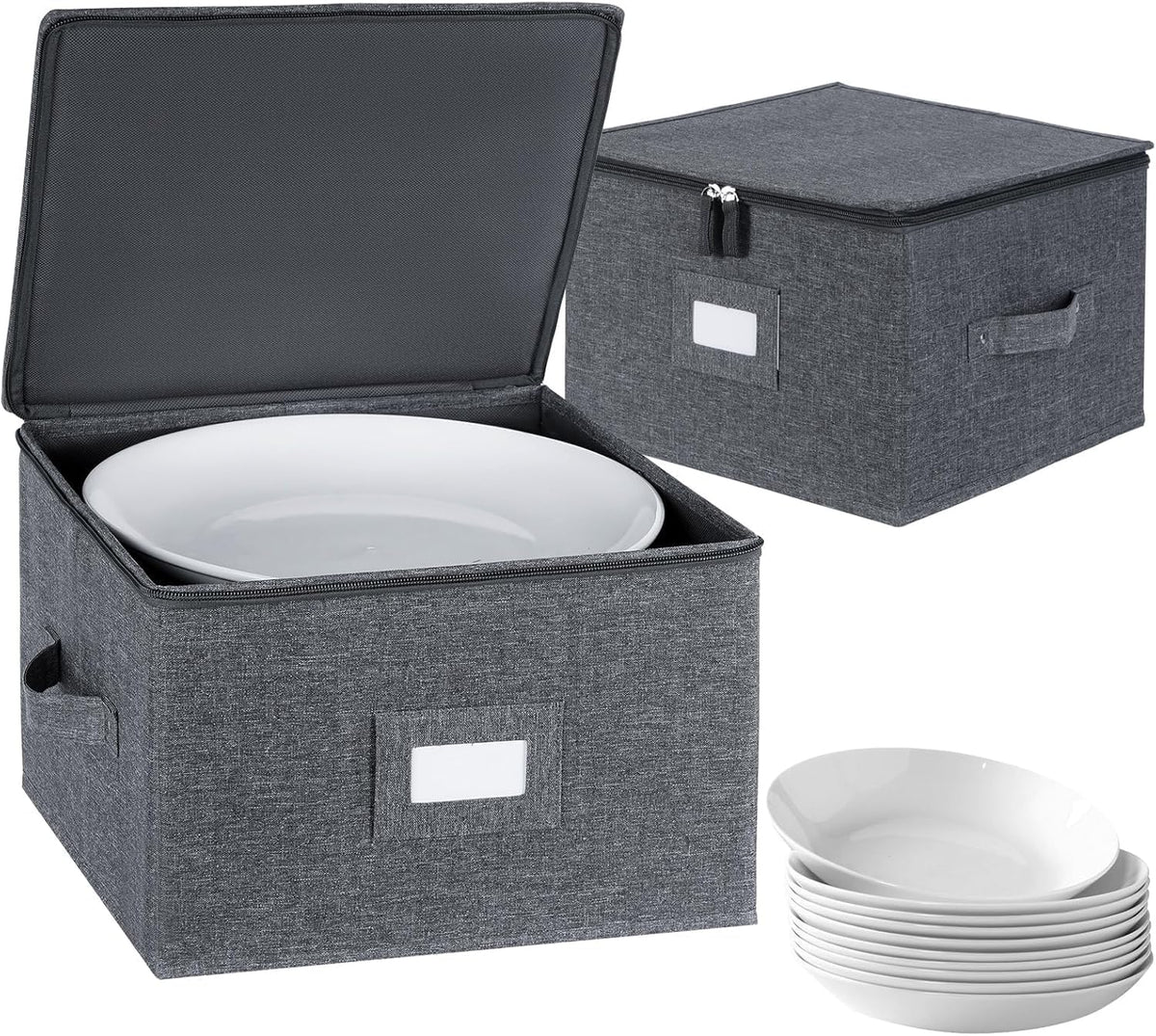 China Storage Containers Hard Shell Inside 13" W x 8" H, Charger Plate Storage Containers for Dishes, Dinnerware with 24 Felt Dividers, Hold 24 Plates, Stackable (2 Pack Grey)