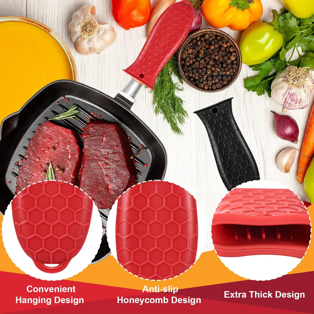 2 Pcs Cast Iron Handle Cover, Silicone Hot Handle Holder, Heat Resistant Cast Iron Skillet Covers Potholder for Frying Pans and Griddles Kitchen Supplies