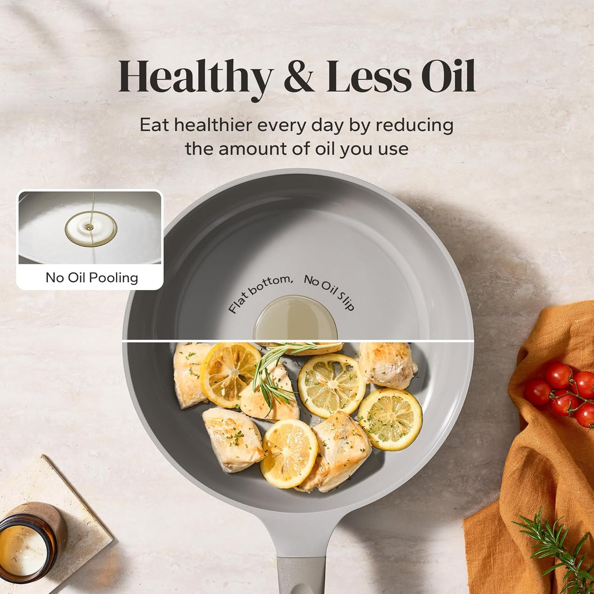 Redchef Ceramic Coated Nonstick Frying Pan with Cover, Large Deep Saute Pan Skillet, Induction Ready, Dishwasher Safe, PFOA PFOS Free, Non Toxic, Glass Lid Large Deep Frying Pan, Grey (5.5Qt, 12")