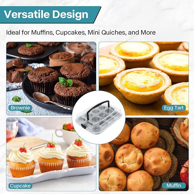 2-Pack Cupcake Pan with Lid, 12-Cup Nonstick Muffin Pan with Handle – Cupcake Carrier for Baking & Transporting, Perfect for Party, Holiday, Gathering