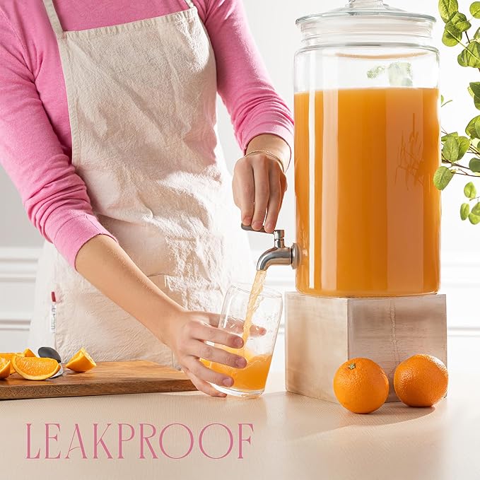 2 Gallon Glass Drink Dispenser with Spout for Parties - Tall Airtight Mason Style Beverage Serveware Stand with Metal Spigot for Kombucha, Water, Juice, Punch, Cocktails, Ice Tea & Sun Tea