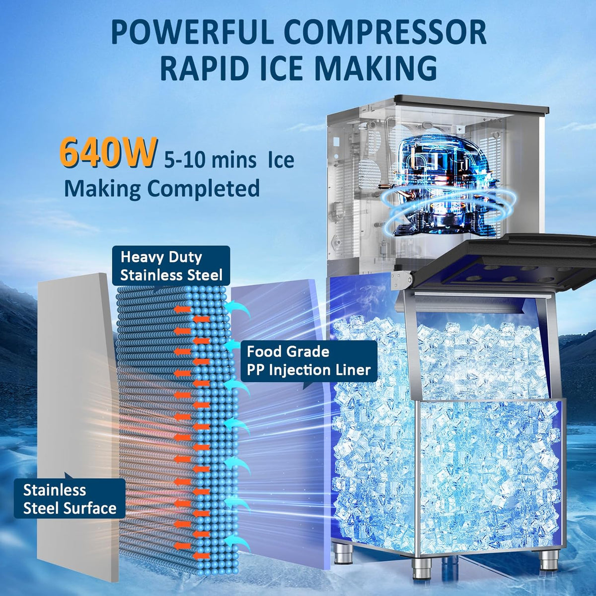 Commercial Ice Maker Machine 460LBS/24H 360LBS Ice Bin LCD Touch Screen Self Cleaning Function Freestanding Ice Maker 156 Counts Ice Ready in 5-10 min Clear Ice Cube for Cafe, Bar, Home