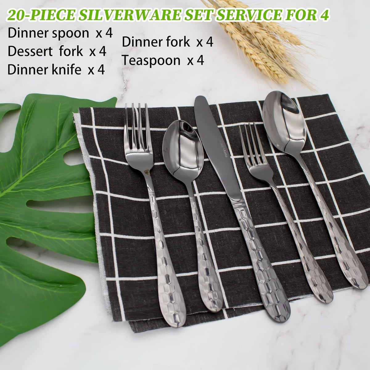 Hammered Silverware Set for 4, 20-Piece Black Flatware, 18/10 Stainless Steel Include Knife/Fork/Spoon, Tableware for Kitchen Restaurant, Dishwasher Safe (Black)