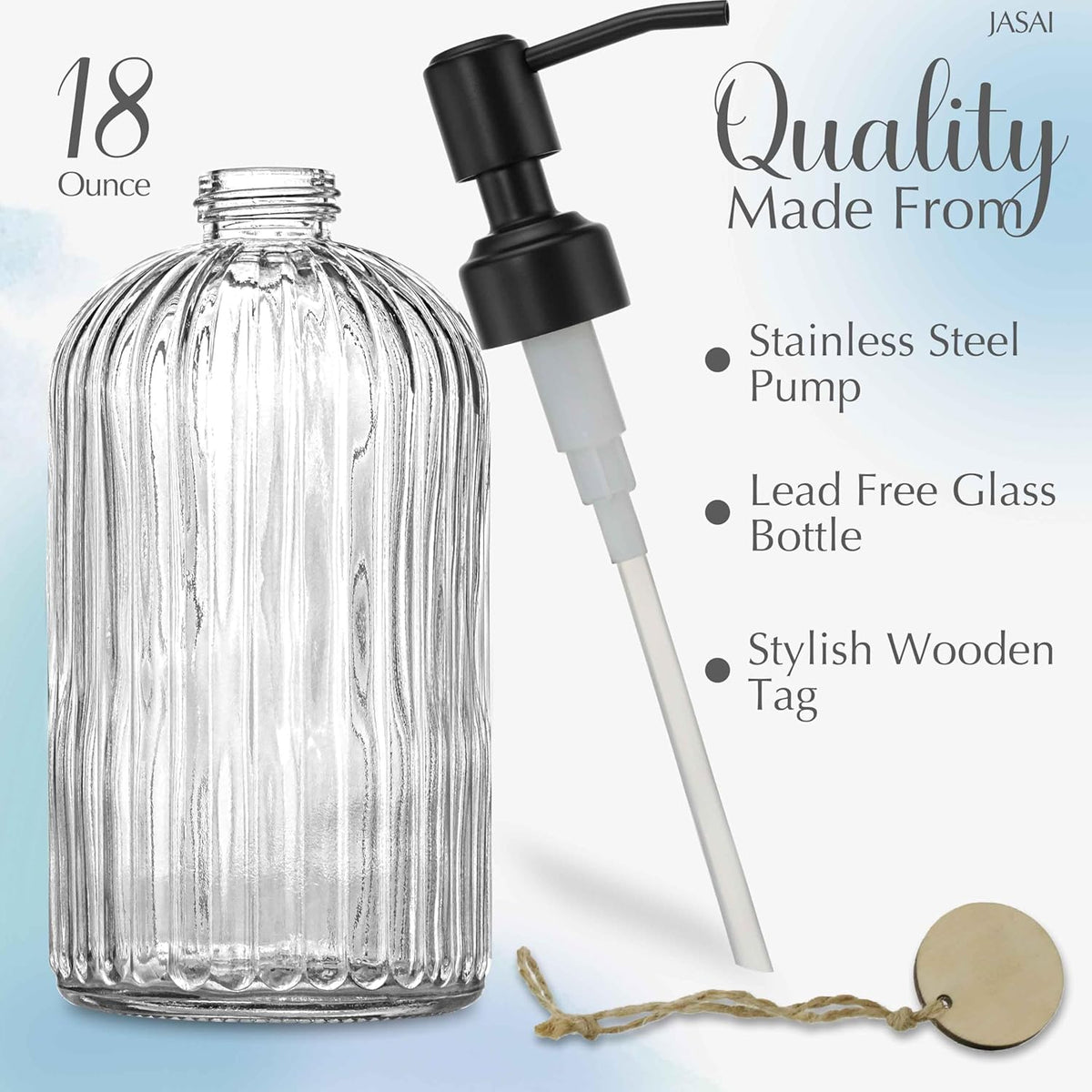 JASAI 18Oz Simple Glass Soap Dispenser with Black Rust Proof Pump,Refillable Kitchen soap Dispenser with Vertical Stripe, Bathroom Soap Dispenser for Dispense Hand soap, Dish Soap, Lotion.