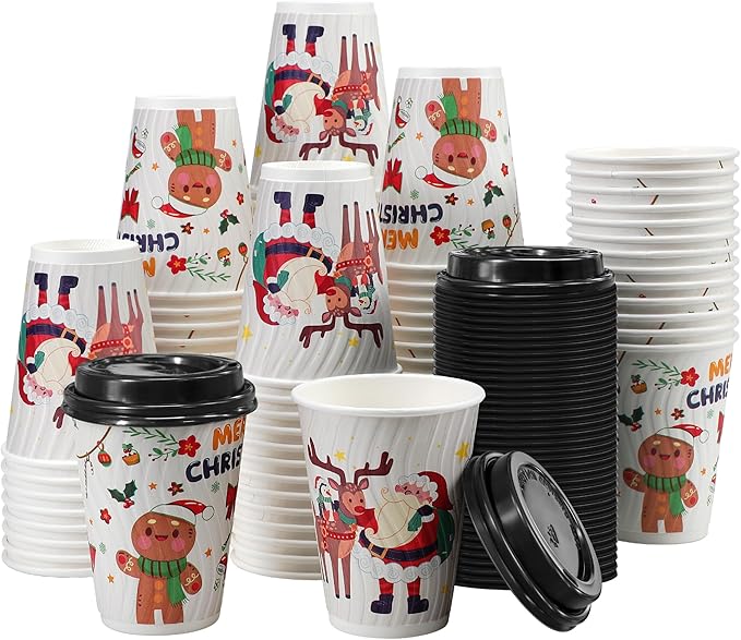Christmas 100 Pack Coffee Cups with Lids 12oz, Disposable Insulated Ripple Wall To Go Paper Coffee Cups for Hot/Cold Drinks Office Home Shop Event