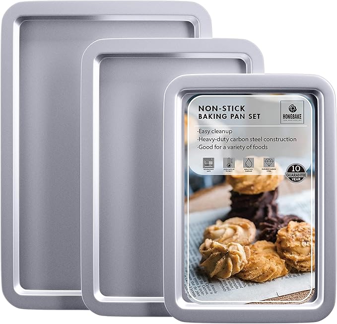 HONGBAKE Cookie Sheet, Baking Sheet Set, Nonstick Oven Pan with Wider Grips,3 Pack, Avoid Too Much Browning -Noble Silver