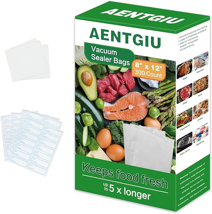 AENTGIU 300-Count Food Vacuum Sealer Bags 8 x 12 inch, Thick BPA Free Sous Vide Bags Compatible with All Vac Machines, Food Saver, Seal a Meal, Commercial Grade Quart Precut Meal Prep Storage Bags