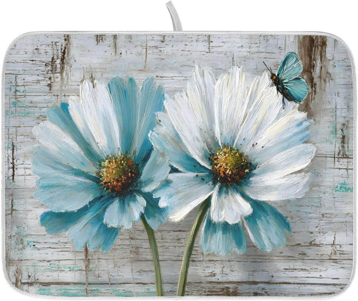 Rustic Teal White Daisy on Vintage Wooden Dish Drying Mat for Kitchen Counter Absorbent Microfiber Small Drying Pad Dish mats for Kitchen Countertops 16 x 18 Inch