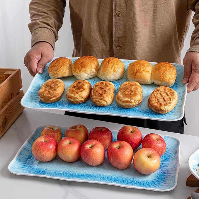 Large Farmhouse Melamine Serving Trays, Set of 2, 17 x 10 inches Serving Platters for Food Serving, Durable and Dishwasher Safe BBQ Tray, Reactive Blue