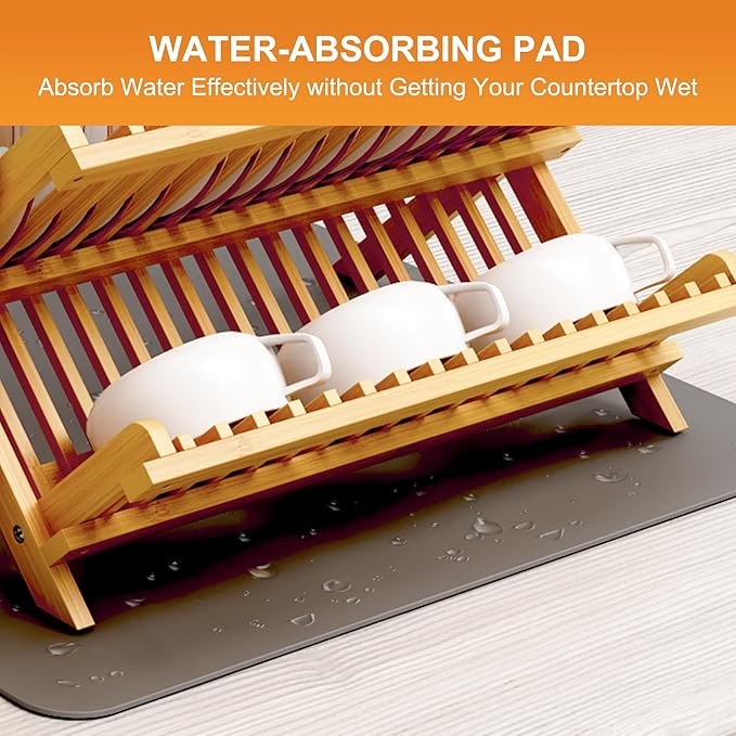 Greenual Bamboo Dish Drying Rack with Utensil Holder, 2 Tier Collapsible Dish Rack, Wooden Dish Racks for Kitchen Counter, Folding Drying Holder with Absorbent Dish Drying Mat