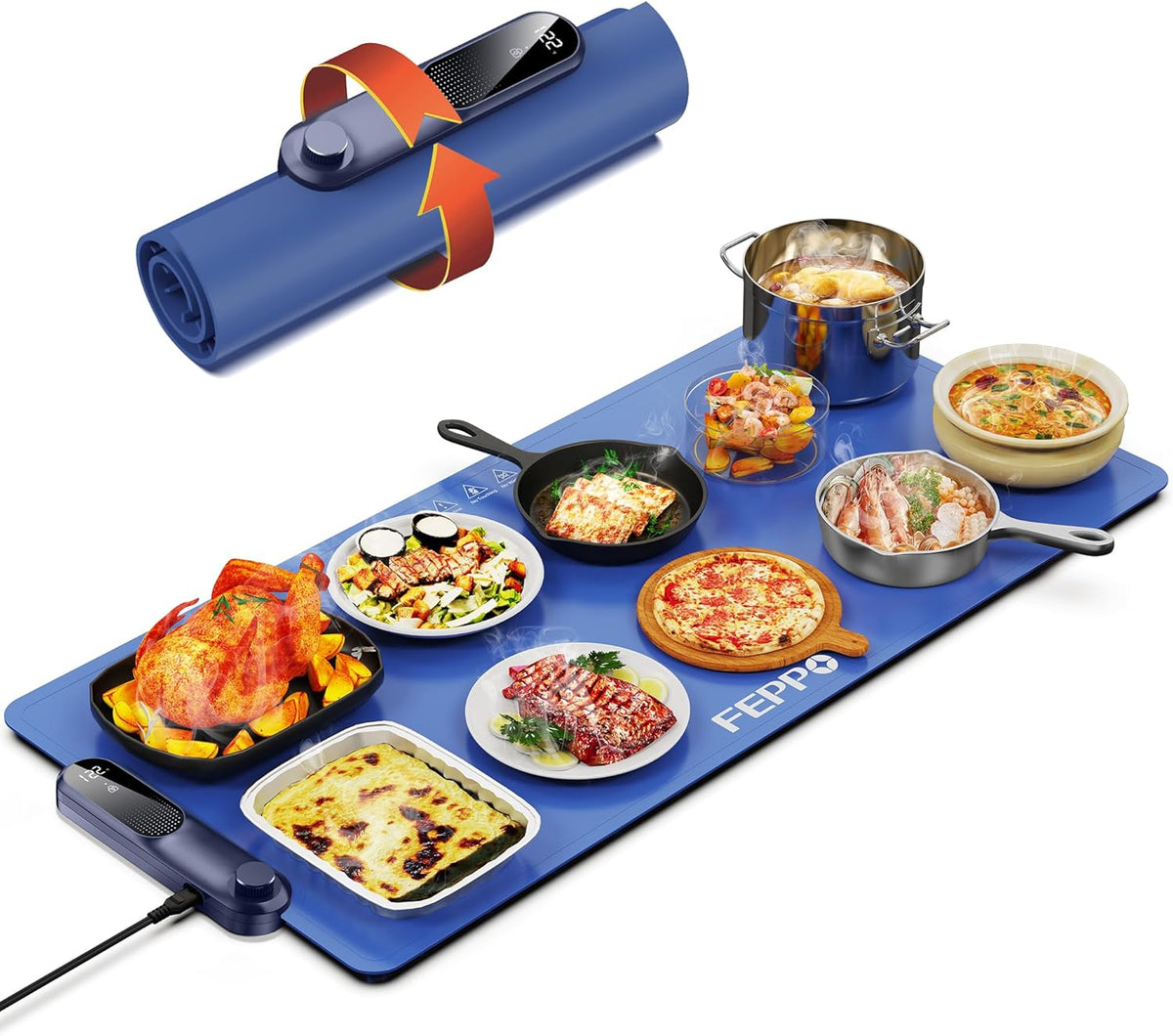 FEPPO Food Warming Mat, (XXL 35”x16”) Electric Warming Trays for Buffets Party, Fast Full-Surface Heating Mat for Food with 19 Level Adjustable Temperature and 6 Hours Timer, Roll Up Food Warmer
