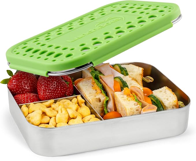 LunchBots Large Trio Stainless Steel Lunch Container -Three Section Design for Sandwich and Two Sides - Metal Bento Lunch Box - Eco-Friendly - Stainless Lid - Green Dots