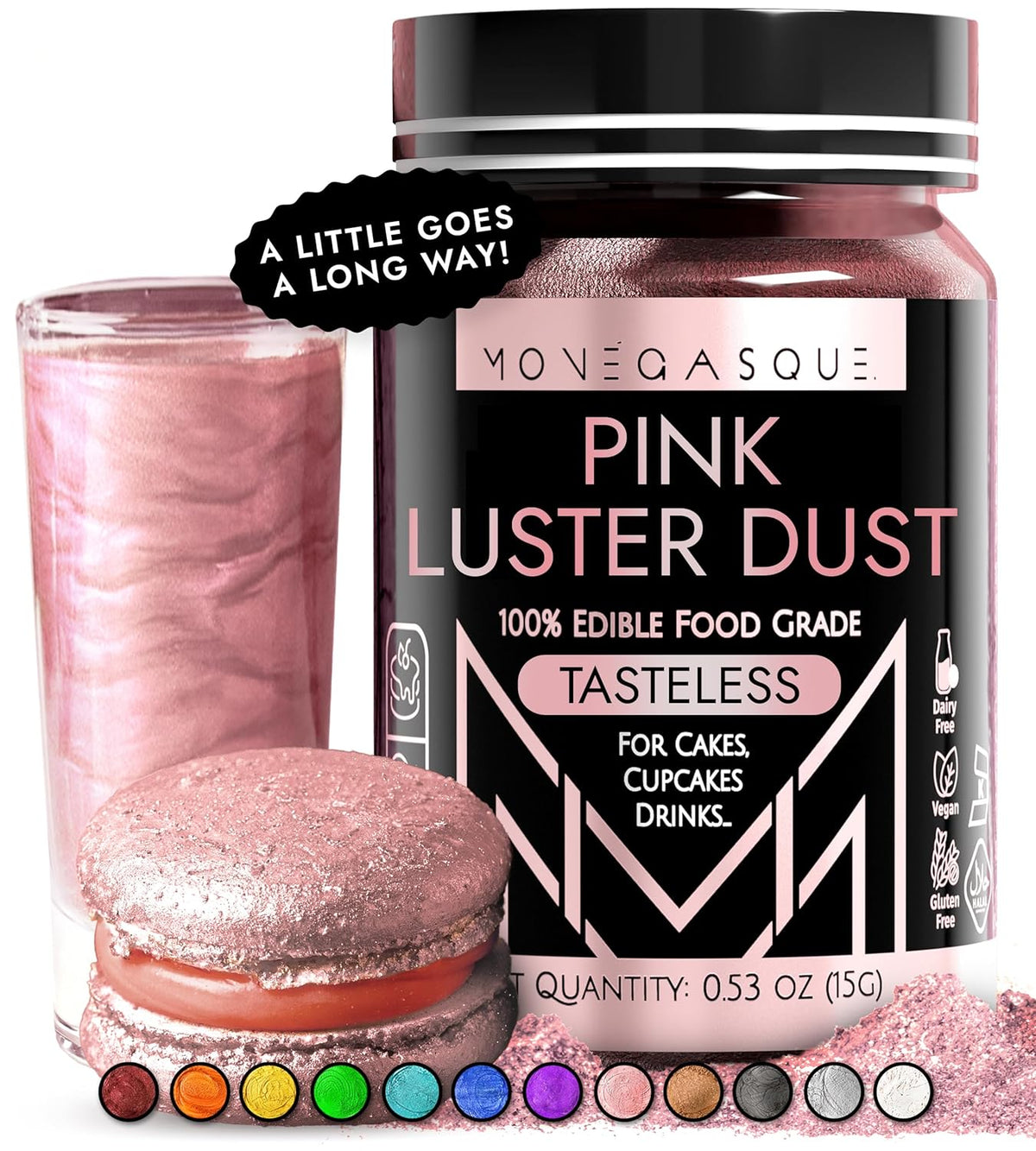 MONÉGASQUE Pink Edible Glitter for Drinks 15g – Pink Edible Glitter for Cakes – Luster Dust for Drinks, Food, & Cake Decorating – Halloween Cocktail Drink Shimmer – Cocktails & Cake Decorations Spray