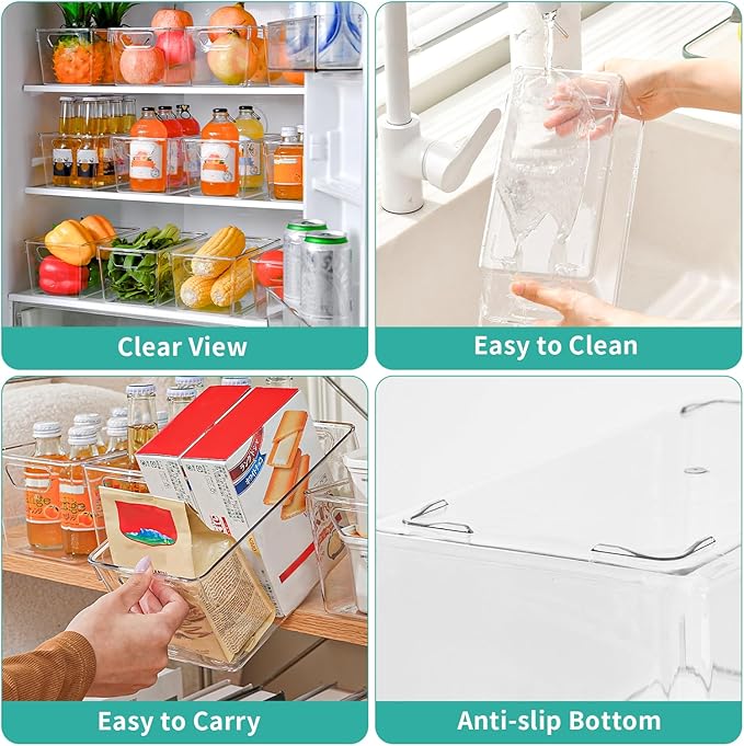 Clear Plastic Storage Bins, 12 Pack Acrylic Pantry Organizer and Storage Bins, Fridge Organizer, Small Plastic Containers Bins with Handles, CabinetOrganizer for Kitchen,Bathroom,Refrigerator,Shelves