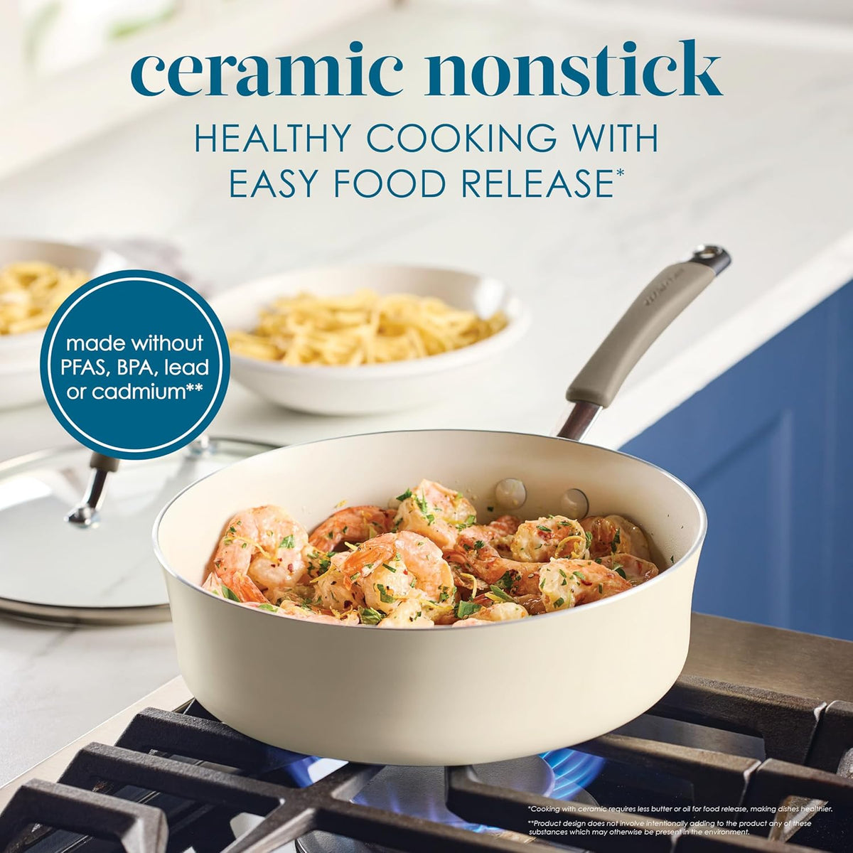 Rachael Ray Cucina Ceramic Nonstick Saute Pan with Lid, 3 Quart Non Stick Sauteuse Pan, Dishwasher Safe - Almond