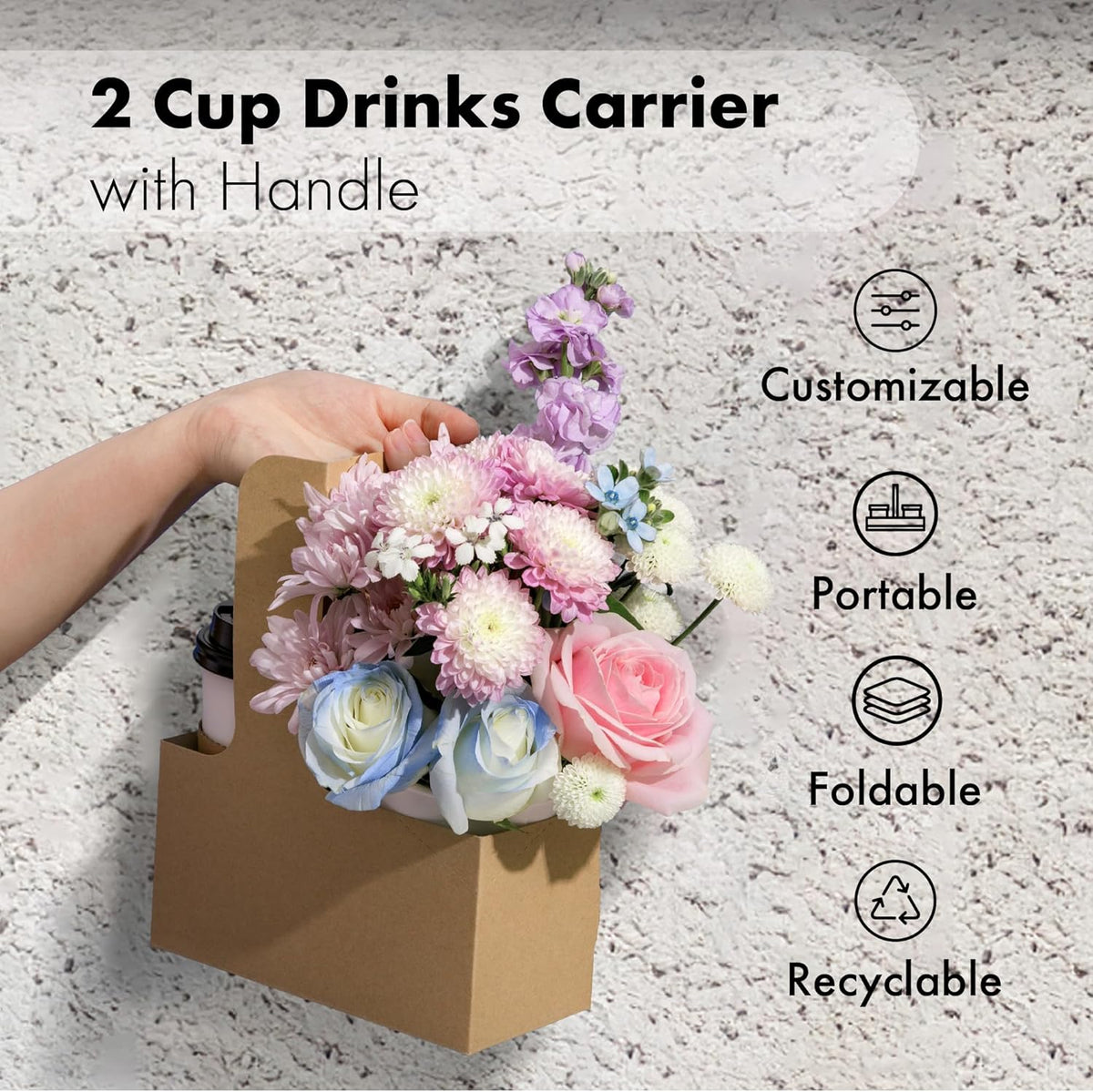 FMP Brands 2 Cup Disposable Drink Carrier with Handle, 250 Pack Kraft Paperboard Handled Drink Carriers 12-30 oz to Go Coffee Cup Holder, Cup Carrier for Cold Hot Drinks, Takeout, Cafe