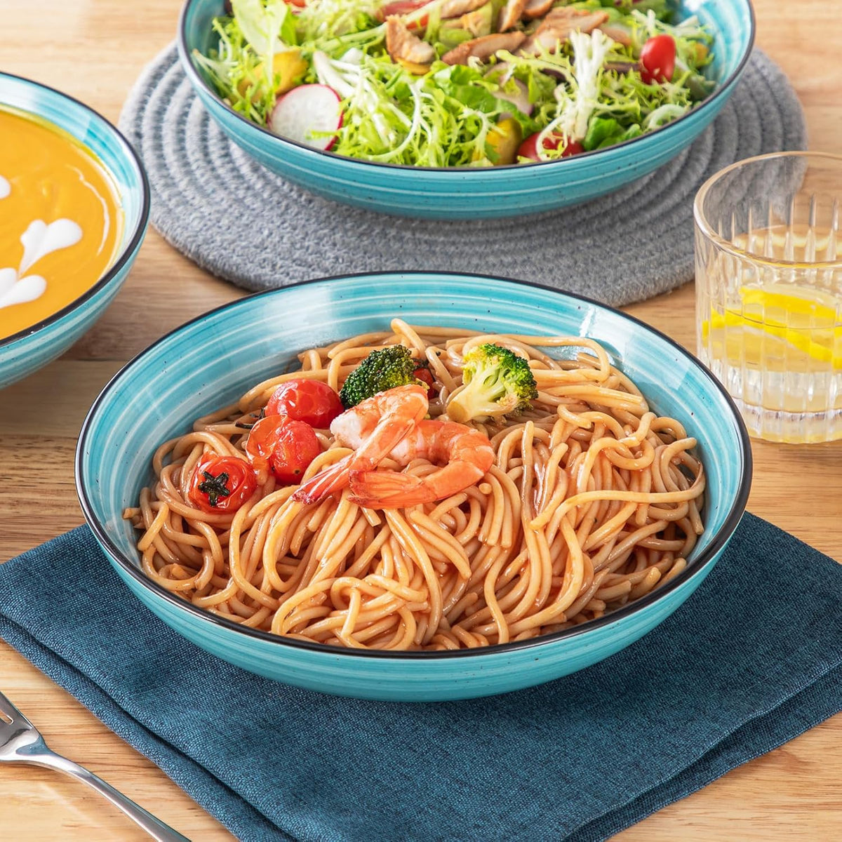 vancasso Bonbon Large Pasta Bowls Set of 6, 50 Oz Ceramic Salad Bowls, Wide and Shallow Bowls Set, Large Serving Bowls for Kitchen, Blue