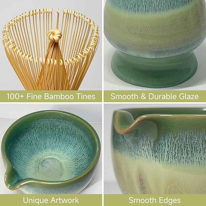 Matcha Whisk Set with Ceramic Bowl - Bamboo Whisk (Chasen), Scoop, Sifter & Holder - Complete Kit for Traditional Matcha Tea - Unique Gifts for Women, Men, Tea Lovers (Green)