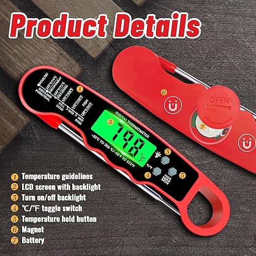 Meat Thermometer Digital, Instant Read Meat Thermometer with Backlight & Magnet for Kitchen, Beef, Grill, Turkey,IP67 Waterproof Cooking Thermometer，Suitable as Stocking Stuffers for Men