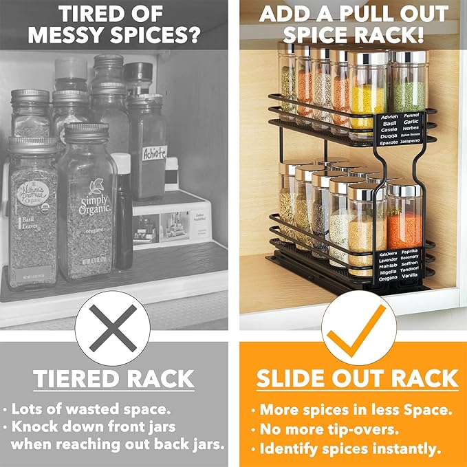 SpaceAid Pull Out Spice Rack Organizer for Cabinet, Heavy Duty Slide Out Seasoning Kitchen Organizer, Cabinet Organizer, with Labels, 4.5" W x10.75 D x8.5 H, 1 Drawer 2-Tier